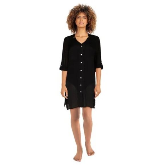 Black Button Down Roll-Up Cover-Up Beach Shirt - Picture 1 of 7